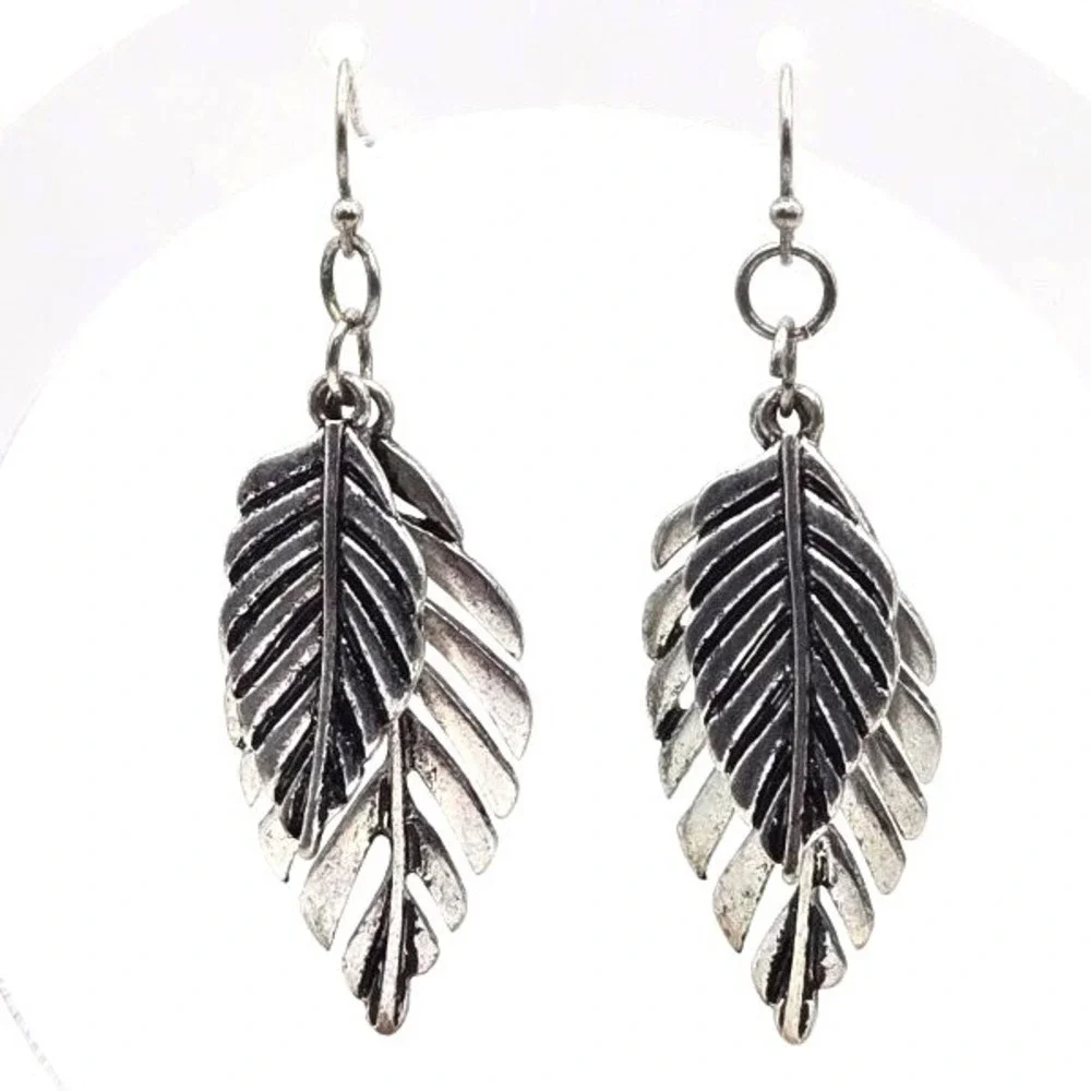 Silver Tone Double Layered Leaf Hook Dangle Drop Textured‎ Earrings